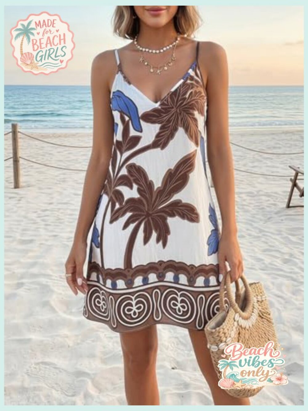 Tropical Print Backless Mini Dress Deep V Neck Flowy Beach Vacation Outfit - Picture 5 of 7